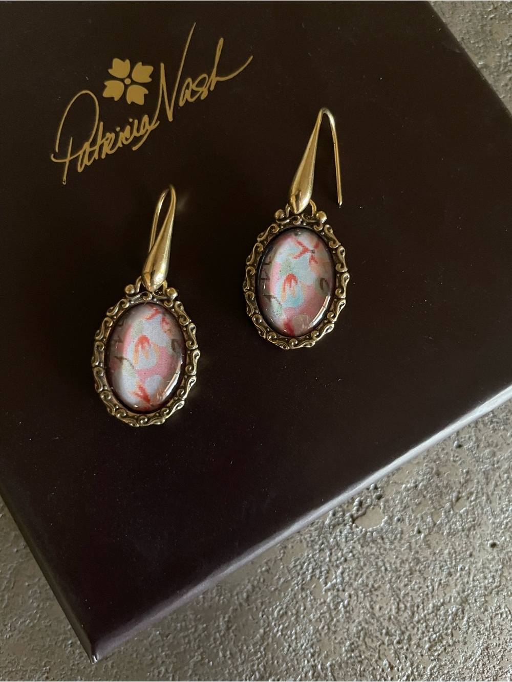 Patricia Nash Rose-Pattern Oval Drop Earrings in Antiqued Gold Earrings ONLY